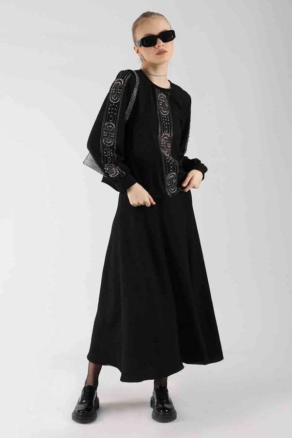 Stone Printed Skirt Suit Black