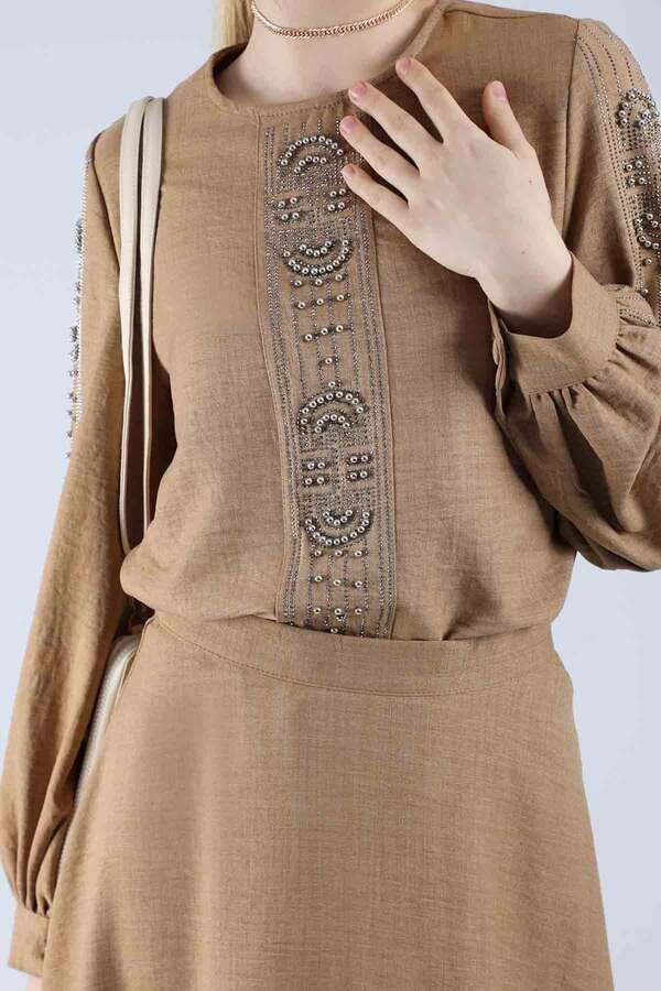 Stone Printed Skirt Suit Camel
