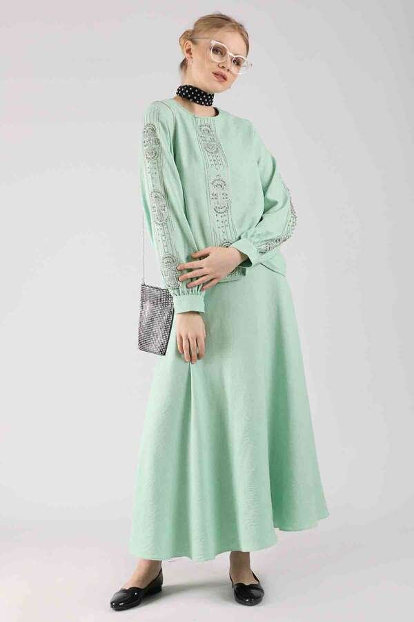 Stone Printed Skirt Suit Water Green