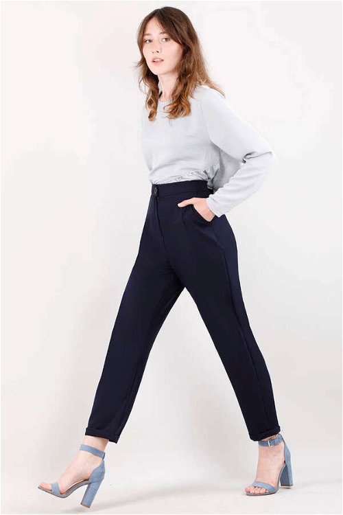 Straight Fabric Trousers Navy Blue