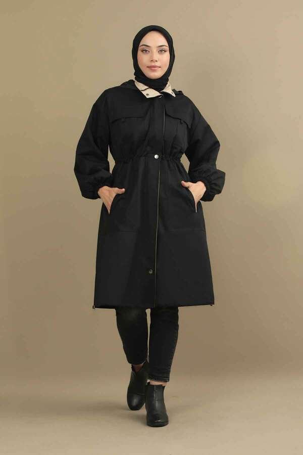 Zulays - Tie Waist Hooded Trench Black