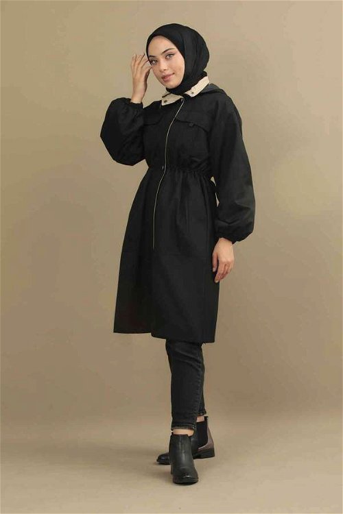 Tie Waist Hooded Trench Black