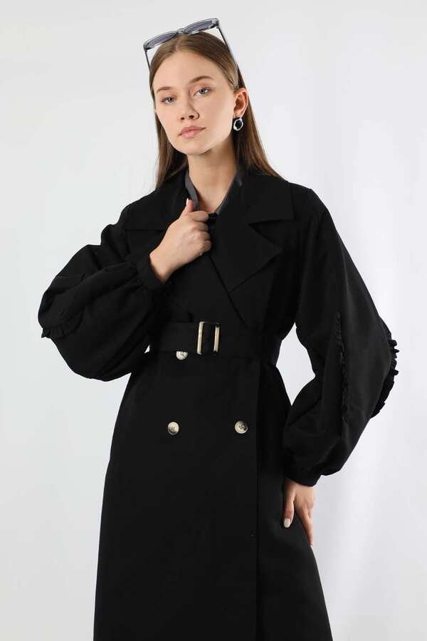 Trench With Frilled Sleeves Black