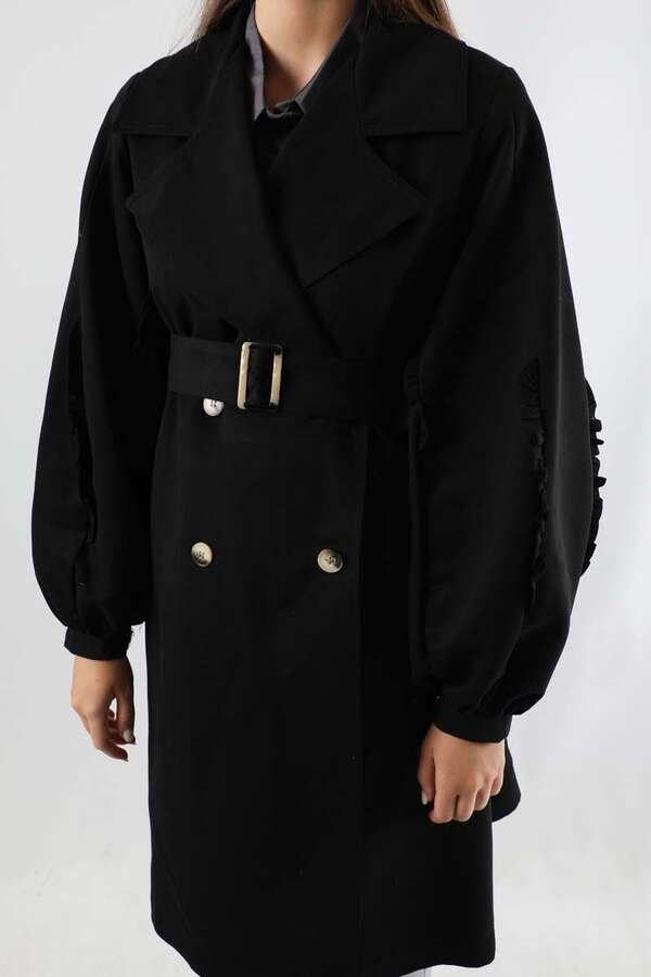 Trench With Frilled Sleeves Black