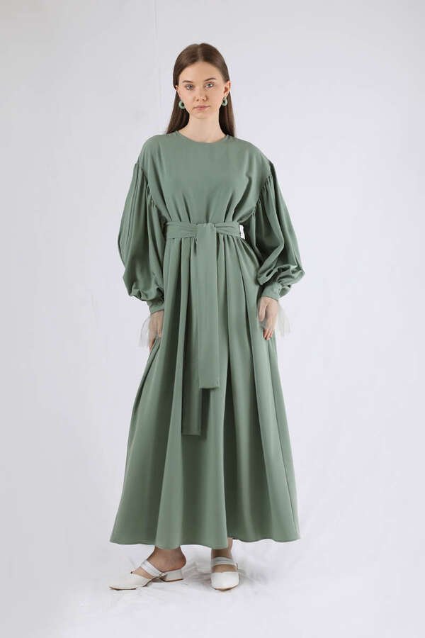 Zulays - Tül Detaylı Büzgülü Elbise Mint