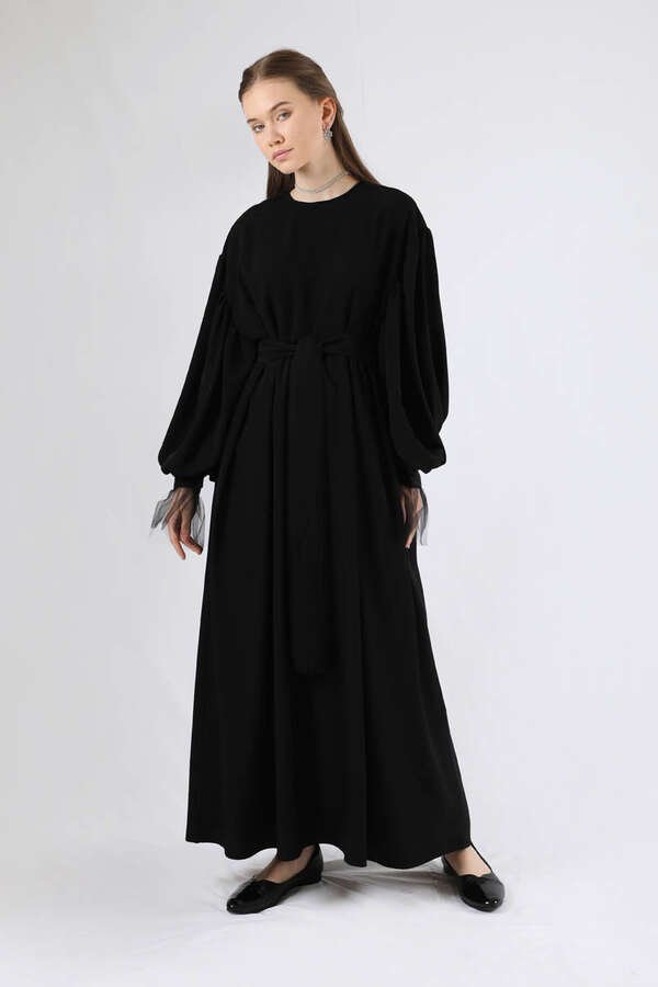Zulays - Tül Detaylı Büzgülü Elbise Siyah