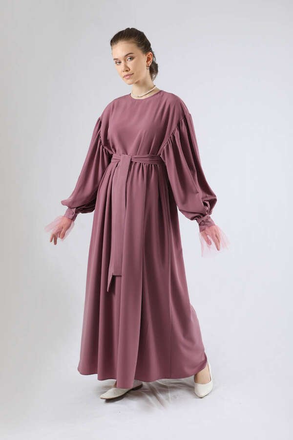 Zulays - Tulle Detailed Pleated Dress Dried Rose