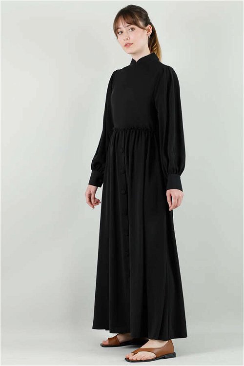 Frilly Buttoned Waist Dress Black