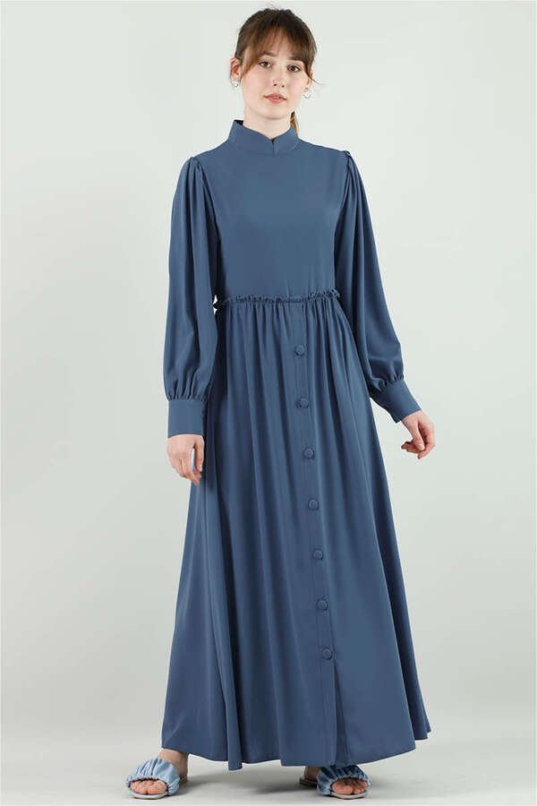 Frilly Buttoned Waist Dress Steel Blue