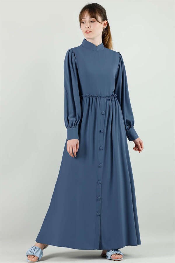 Frilly Buttoned Waist Dress Steel Blue