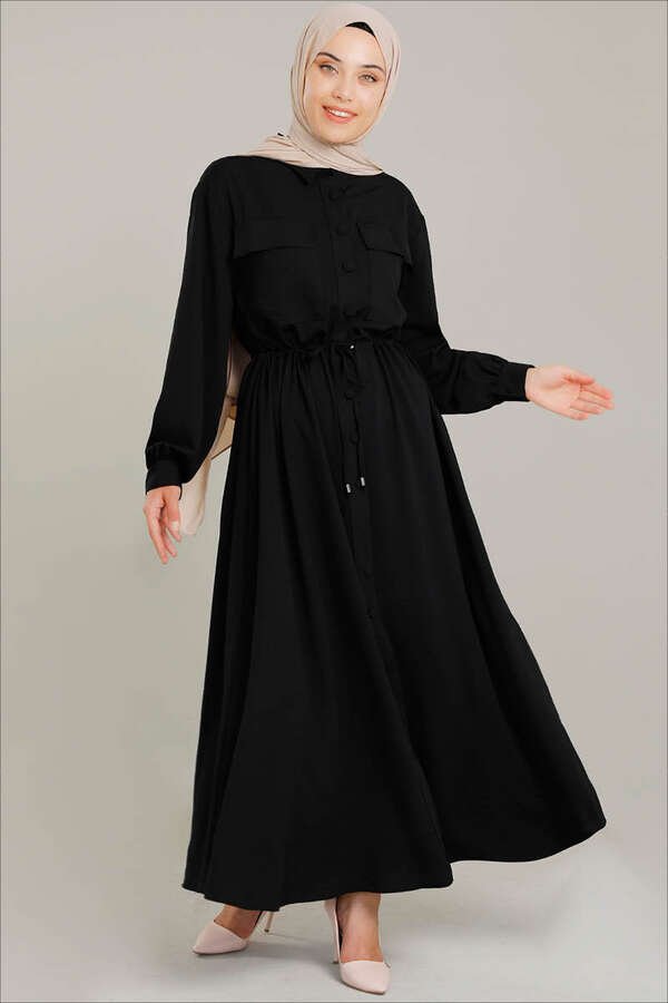 Waist Pleated Dress Black