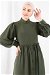 Frilly Buttoned Waist Dress Khaki - Thumbnail