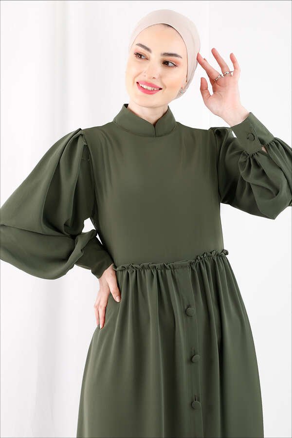 Frilly Buttoned Waist Dress Khaki