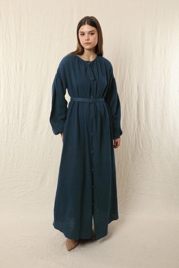 Zulays - Yakası Büzgülü Düğmeli Elbise Lacivert
