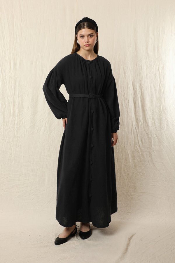 Zulays - Yakası Büzgülü Düğmeli Elbise Siyah