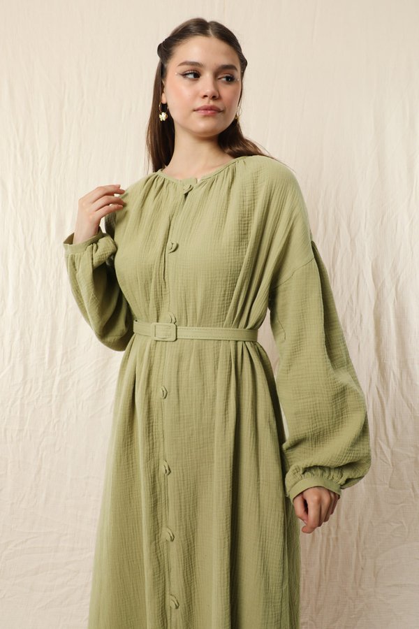 Zulays - Yakası Büzgülü Düğmeli Elbise Yağ Yeşili