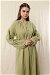 Yakası Büzgülü Düğmeli Elbise Yağ Yeşili - Thumbnail