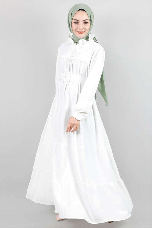 Yakası Fırfırlı Beli Kemerli Elbise Beyaz