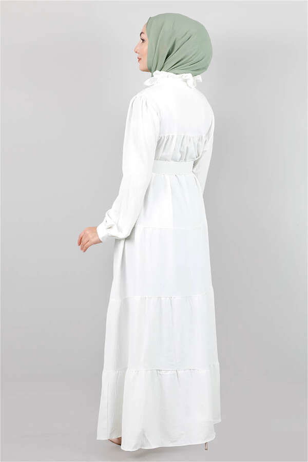 Yakası Fırfırlı Beli Kemerli Elbise Beyaz