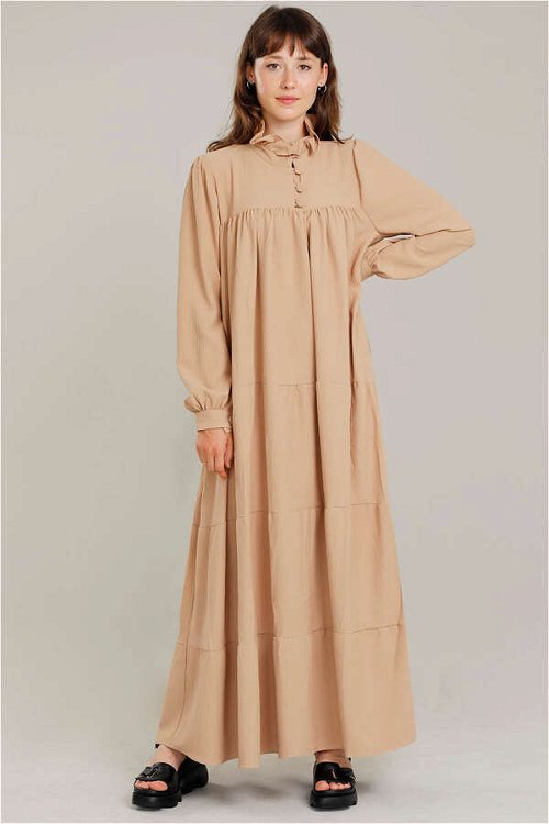 Yakası Fırfırlı Beli Kemerli Elbise Camel